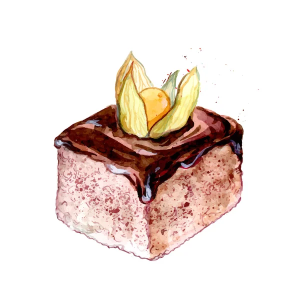Квадратный кусок пирога с шоколадным обледенением, украшенным оранжевой измельченной вишней. сладкая векторная акварельная иллюстрация печенья. — стоковый вектор