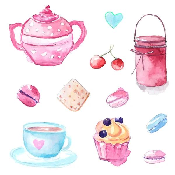 Ilustraciones color rosas y azules de tetera, taza, pasteles cupcake y frasco con mermelada. Conjunto de mano dibujado elementos vector acuarela. — Vector de stock