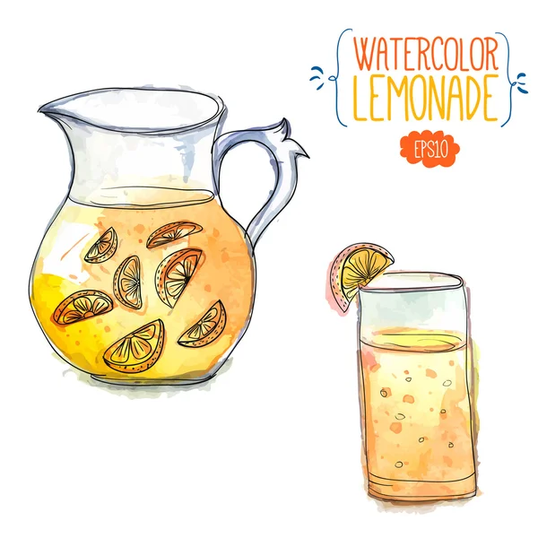 Кувшин лимонада с дольками цитрусовых и стекла заполнены с апельсиновым соком. Векторная иллюстрация акварель. — стоковый вектор