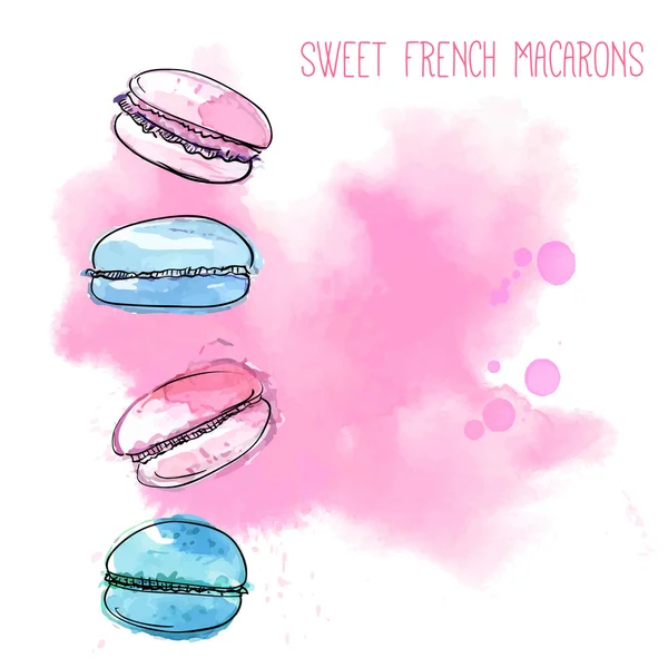 4 französische Macarons auf rosa Farbspritzer Hintergrund. Aquarell-Vektorillustration von leichtem Gebäck. — Stockvektor