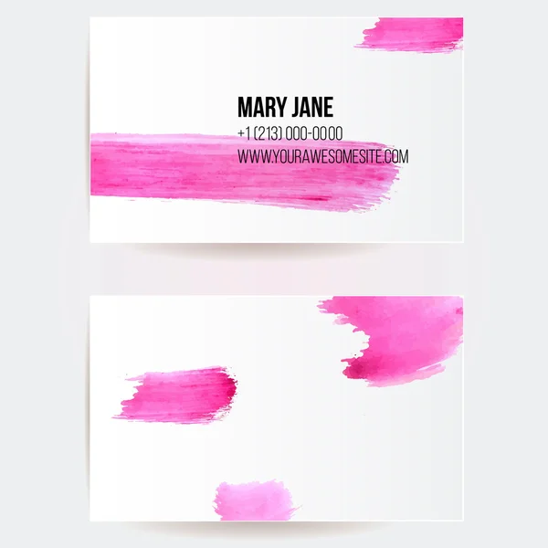 Két kétoldalas névjegykártya sablon, rózsaszín és lila akvarell festék Díszes kezdőbetűk. Művészi vector design. — Stock Vector