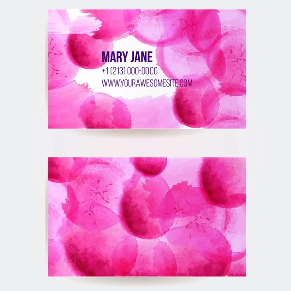 2 dwustronne wizytówki szablon z różowe i fioletowe farby akwarelowe kaligraficzne. Projekt artystyczny wektor. — Wektor stockowy