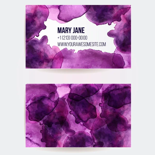 Modelo de cartão de visita frente e verso dois com manchas de tinta aquarela rosa e violeta. Concepção artística do vetor. — Vetor de Stock