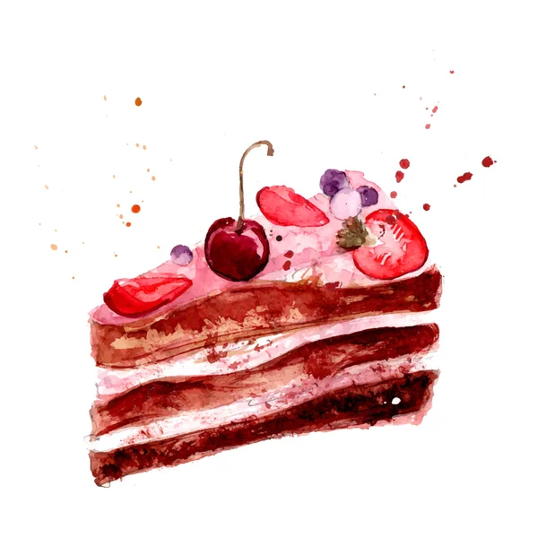 Aquarell-Kuchen mit rosa Frucht-Creme, Kirsche und Erdbeere. Vektor-Dessert-Illustration isoliert auf weißem Hintergrund. — Stockvektor