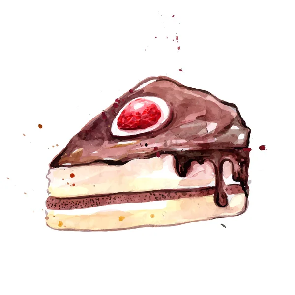 水彩块巧克力蛋糕的糖衣和草莓。孤立在白色背景上的矢量甜点图. — 图库矢量图片
