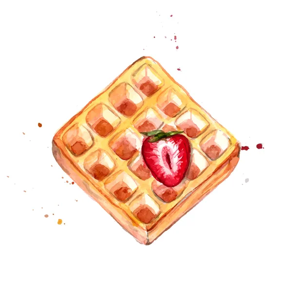 Belgian waffle with red strawberry watercolor illustration. Vector dessert painting isolated on white background. - Stok Vektor