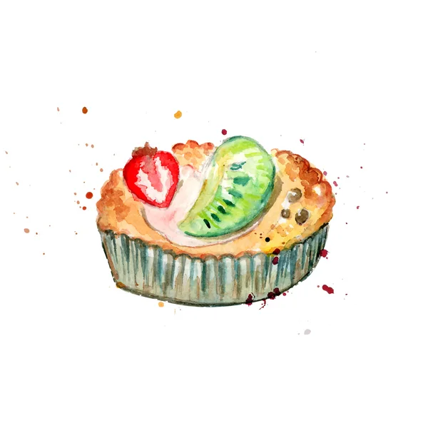 Aquarell-Törtchen mit frischen Qiwi und Erdbeere. Vektor-Dessert-Illustration isoliert auf weißem Hintergrund. — Stockvektor