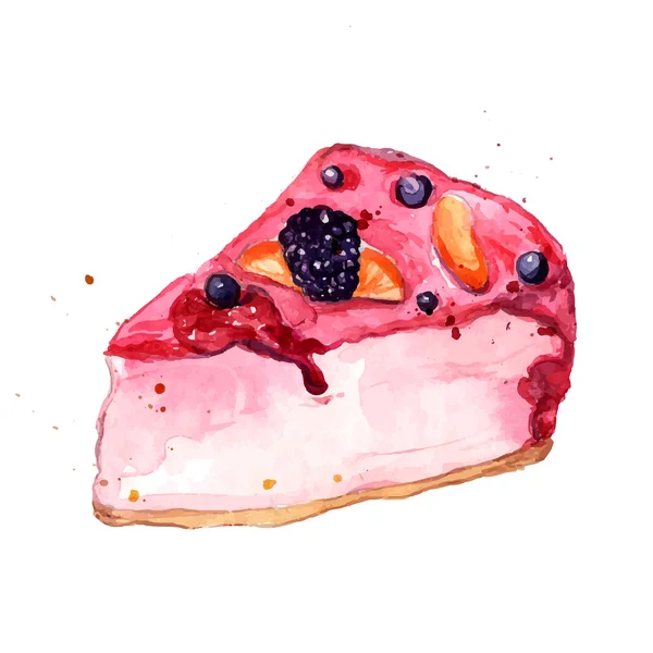 Akvarell szelet torta rózsaszín gyümölcs zselés qiwi és eper. Vektor desszert illusztráció elszigetelt fehér background. — Stock Vector