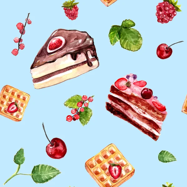 Akvarell desserter seamless mönster med kakor, röda vinbär och körsbär. Mat bakgrund med café sortiment. — Stock vektor