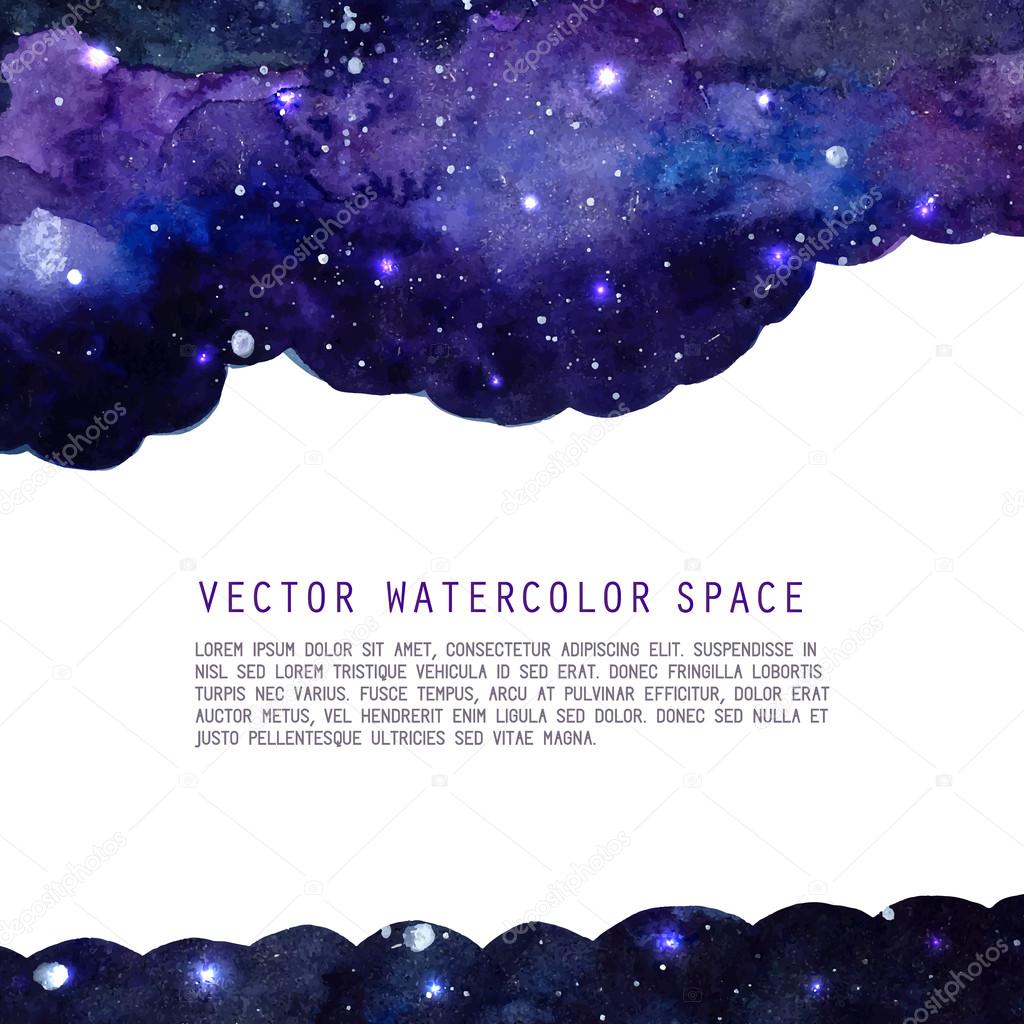 Space watercolor background with stars. Vector layout with copyspace.  