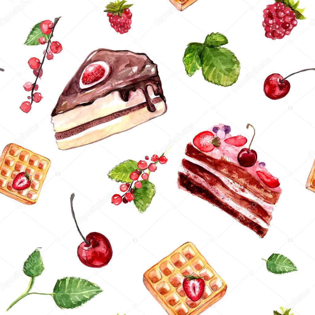 Watercolour desserts seamless pattern with cakes, red currant and cherries. Food background with cafe assortment.