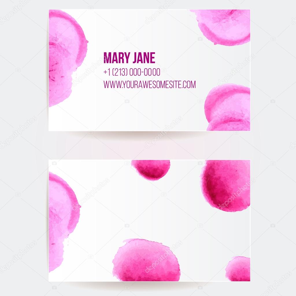 Two sided business card template with pink and violet watercolor paint swashes. Artistic vector design.