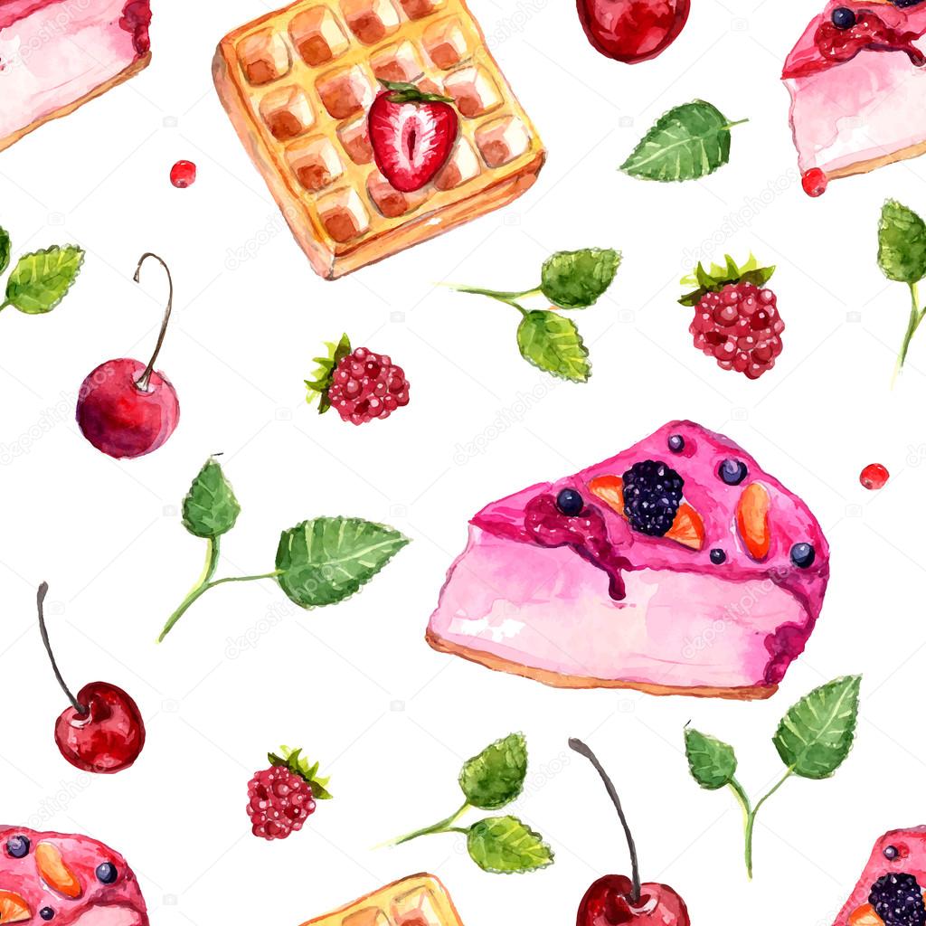 Watercolor desserts and berries seamless pattern. Vector background with sweets, leaves, cake and belgian waffle.
