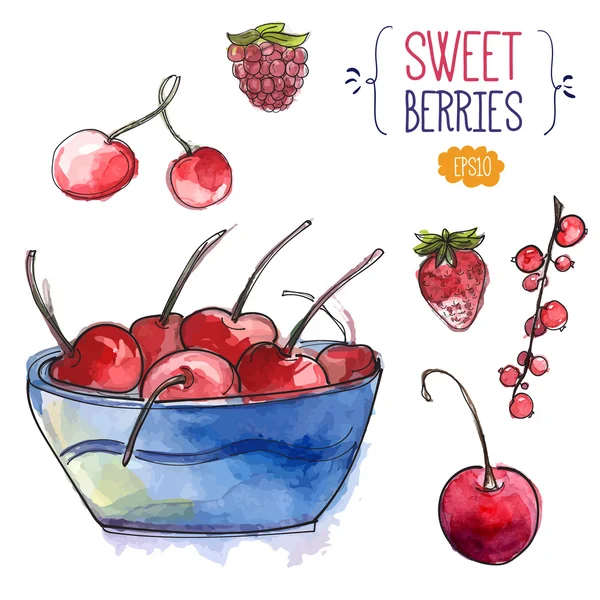 Bowl with cherries and isolated elements. Watercolor vector illustration - Stok Vektor