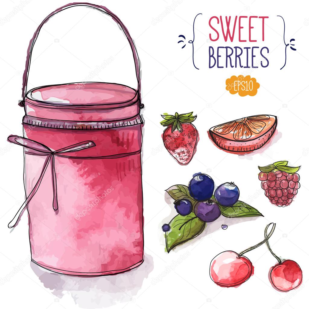 Jar of pink jam and berries. strawberry, blackberry with leaves, cherry, raspberry and orange slice. Set of hand drawn vector illustrations, watercolor and ink style