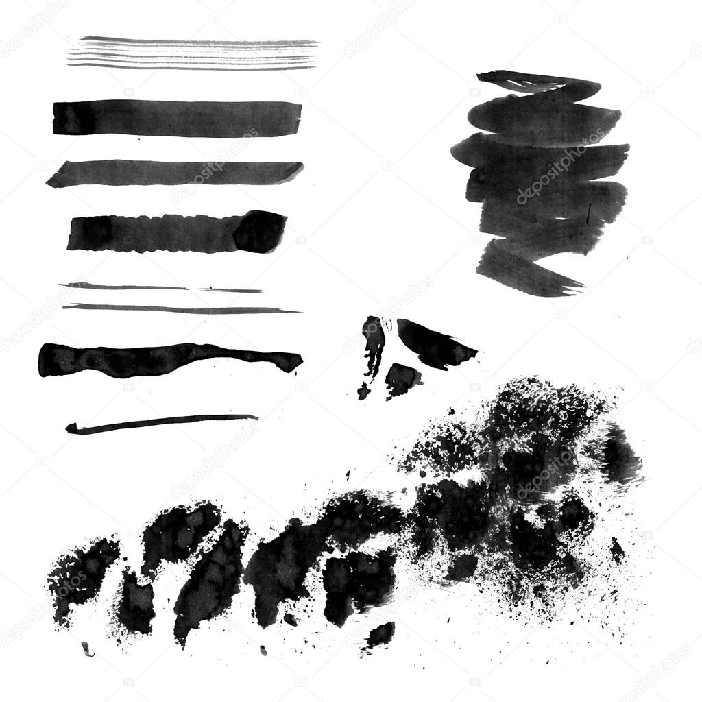 Set of black ink brush strokes and splotches
