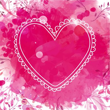 White hand drawn heart frame. Artistic pink watercolor splash background with leaves. Creative design concept for valentines day holiday. clipart
