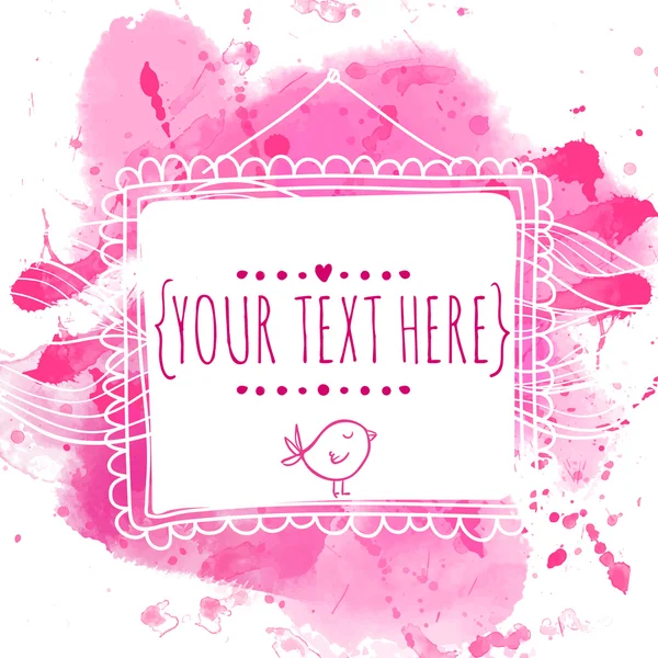 Bílé ručně tažené čtverce s doodle pták. Růžový akvarel splash zázemí. Roztomilý design koncept pro svatební pozvánky, pohlednice, valentinky den reklama. — Stockový vektor