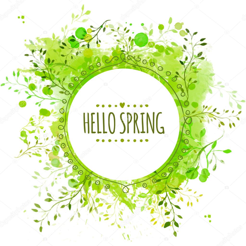 White doodle circle frame with text hello spring. Green paint splash background with leaves. Fresh vector design for banners, greeting cards, spring sales.
