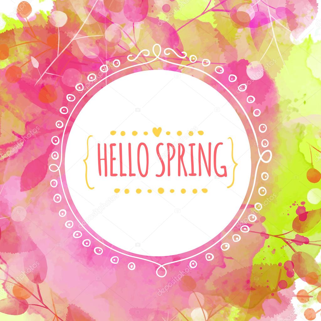 Creative green and pink texture with leaves and berries traces. Doodle circle frame with text hello spring. Vector design for spring sales, banners, advertisement.