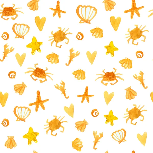 Summer background with beach crabs, hearts and star fish. Sunny seamless vector texture. — Stock Vector