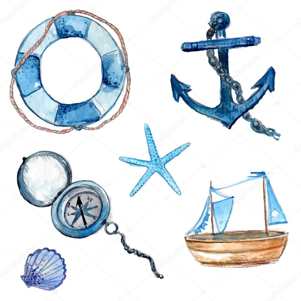 Nautical design elements hand drawn in watercolor. Life buoy with rope, compass, anchor, wooden ship, star fish and shell. Art vector illustrations isolated on white background.