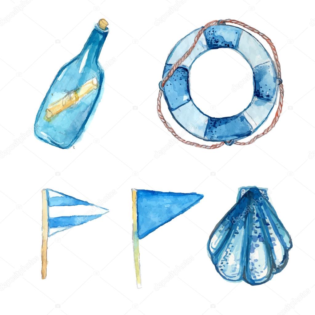 Nautical design elements hand painted in watercolor. Bottle with messsage, life buoy, blue signal flags and shell. Artistic vector illustrations isolated on white background.