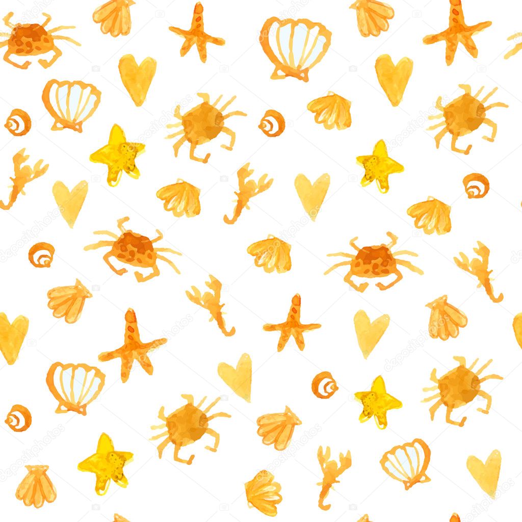 Summer background with beach crabs, hearts and star fish. Sunny seamless vector texture.
