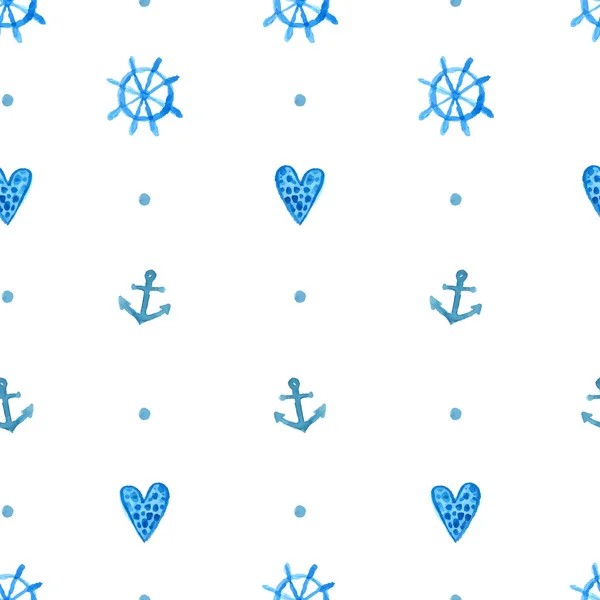 Simple nautical pattern with watercolor painted anchors, blue hearts and steering wheels. Blue vector seamless background. — Stock Vector