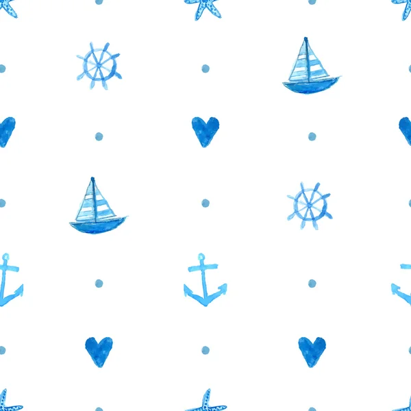 Seamless marine pattern with hand painted watercolor ships, sea stars, fish and shells. Vector repeating texture. Background for greeting cards, invitations, kids party decorations — Stockvektor