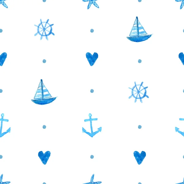 Marina de patrones sin fisuras con la mano pintaron acuarelas barcos, estrellas de mar, peces y conchas. Vector textura extensible. Fondo para tarjetas de felicitación, invitaciones, decoraciones para fiestas de niños — Archivo Imágenes Vectoriales