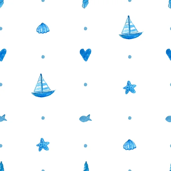 Einfache nahtlose nautischen Hintergrund mit Hand gezeichnet Aquarell Schiffe, Seesterne, Fische und Muscheln. Vektor wiederholen Muster. — Stockvektor