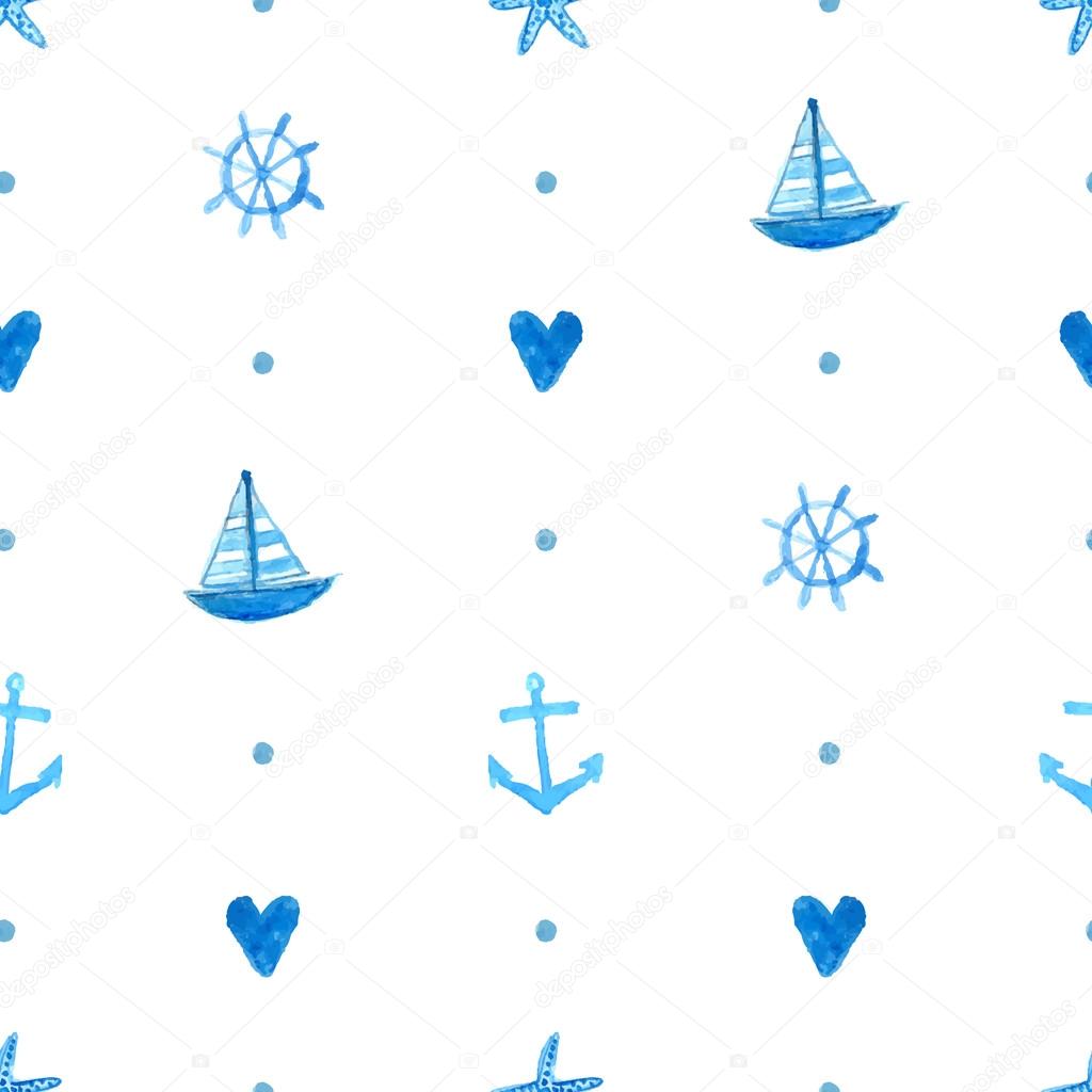 Seamless marine pattern with hand painted watercolor ships, sea stars, fish and shells. Vector repeating texture. Background for greeting cards, invitations, kids party decorations