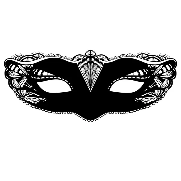 Mask illustration isolated on white background. Elegant and ornate fashion mask with swirls and lace. Complex black and white silhouette. — Stock Vector