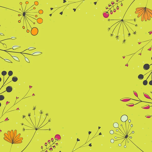 Fondo verde fresco con resorte de ramas con hojas y plantas. Marco floral Vector. — Vector de stock