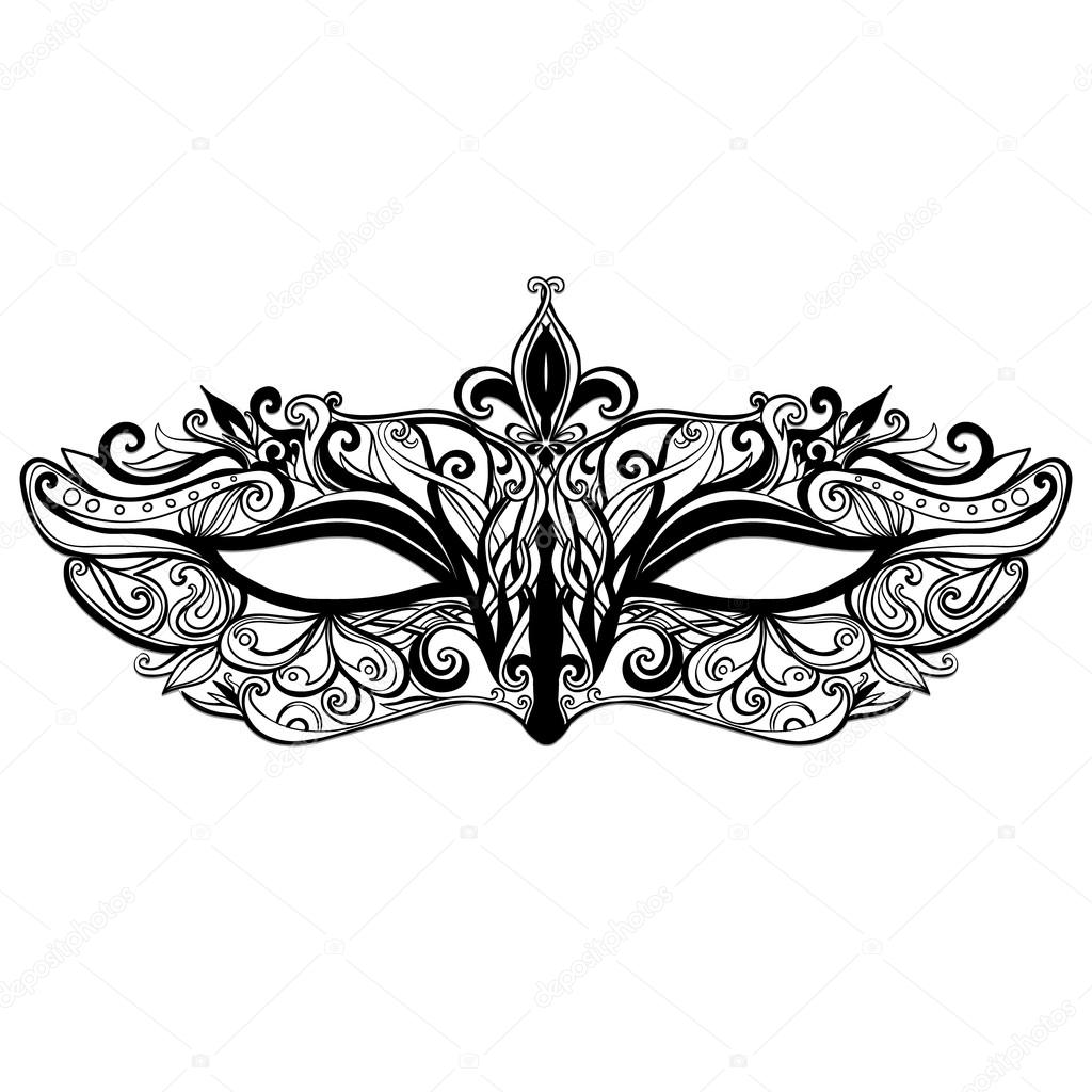 Beautiful vector mask illustration isolated on white background. Elegant and ornate carnival mask with swirls and lace. Black and white.