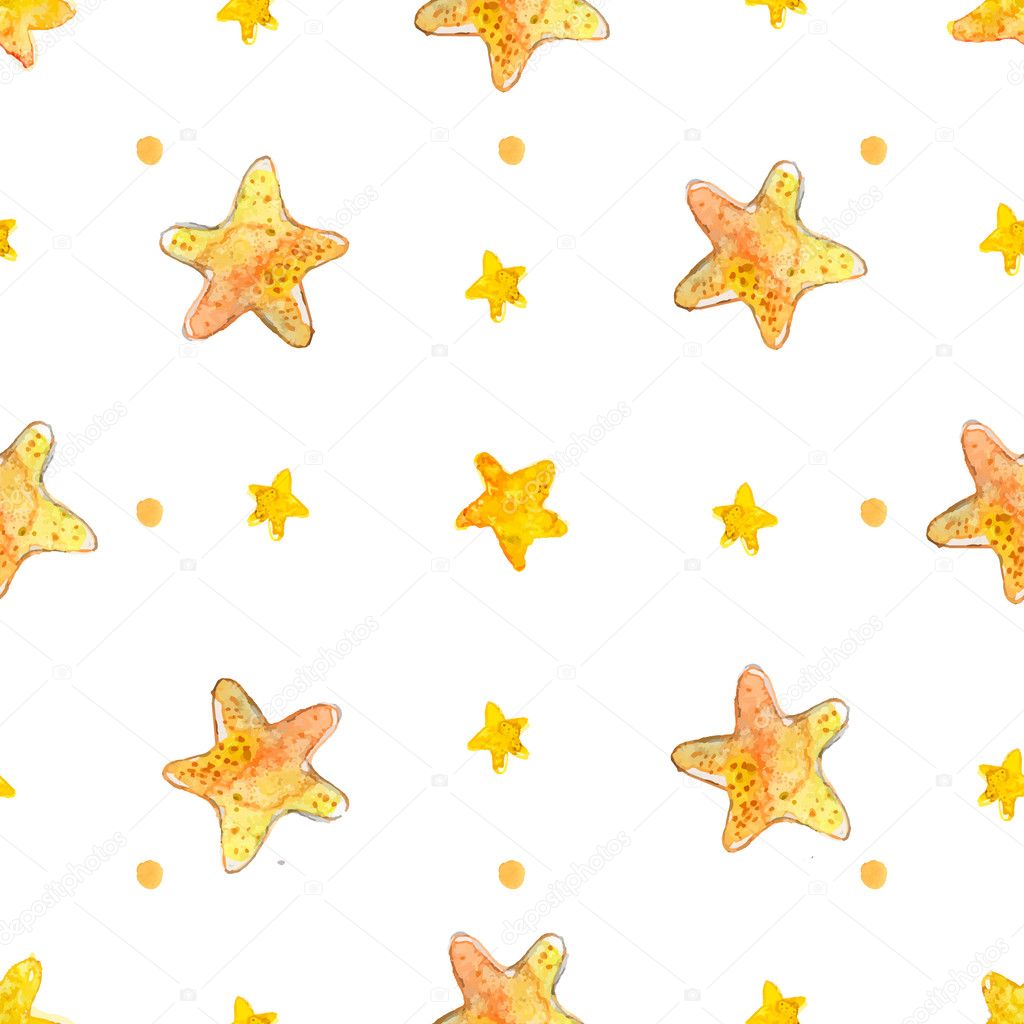 Night sky pattern with watercolor yellow stars. Vector background.