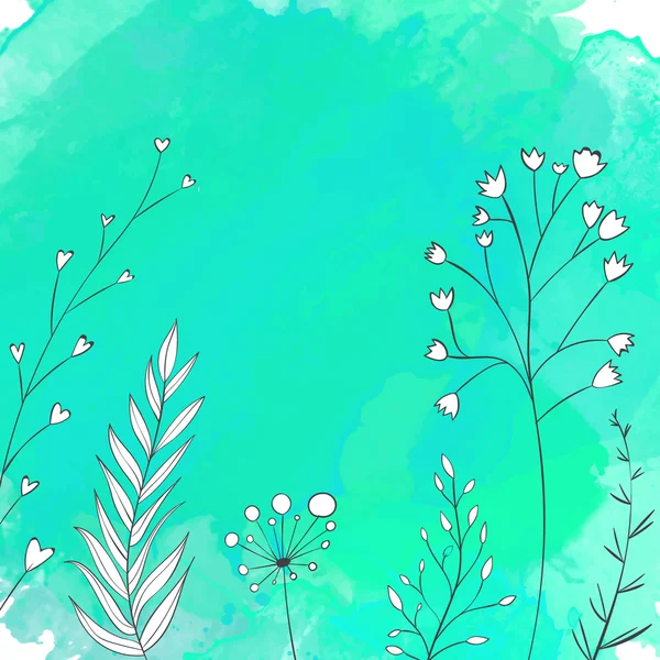 Nature turquoise background with white hand drawn plants. — Stock Vector