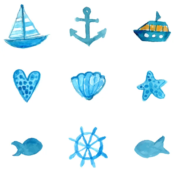 Ícones de aquarela náuticos simples. âncora, barco, peixes estrelas e shell. Ilustrações vetoriais isoladas no fundo branco. —  Vetores de Stock