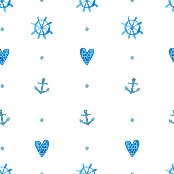 Simple nautical pattern with watercolor painted anchors, blue hearts and steering wheels. Blue vector seamless background. — Stockvektor