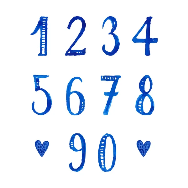 손으로 그린 수채화 숫자와 수학 기호 집합. — 스톡 벡터