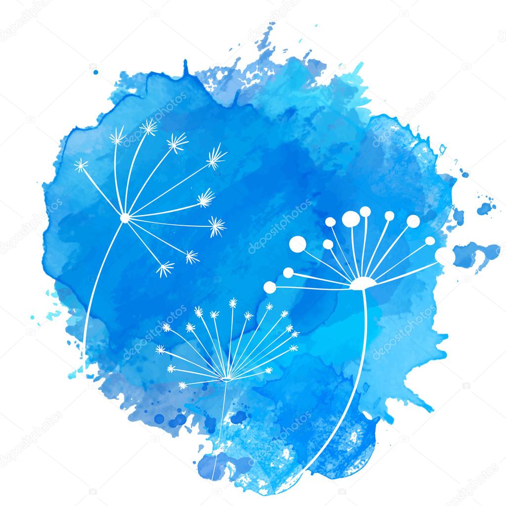 Blue paint splash with white silhouettes of umbel plants