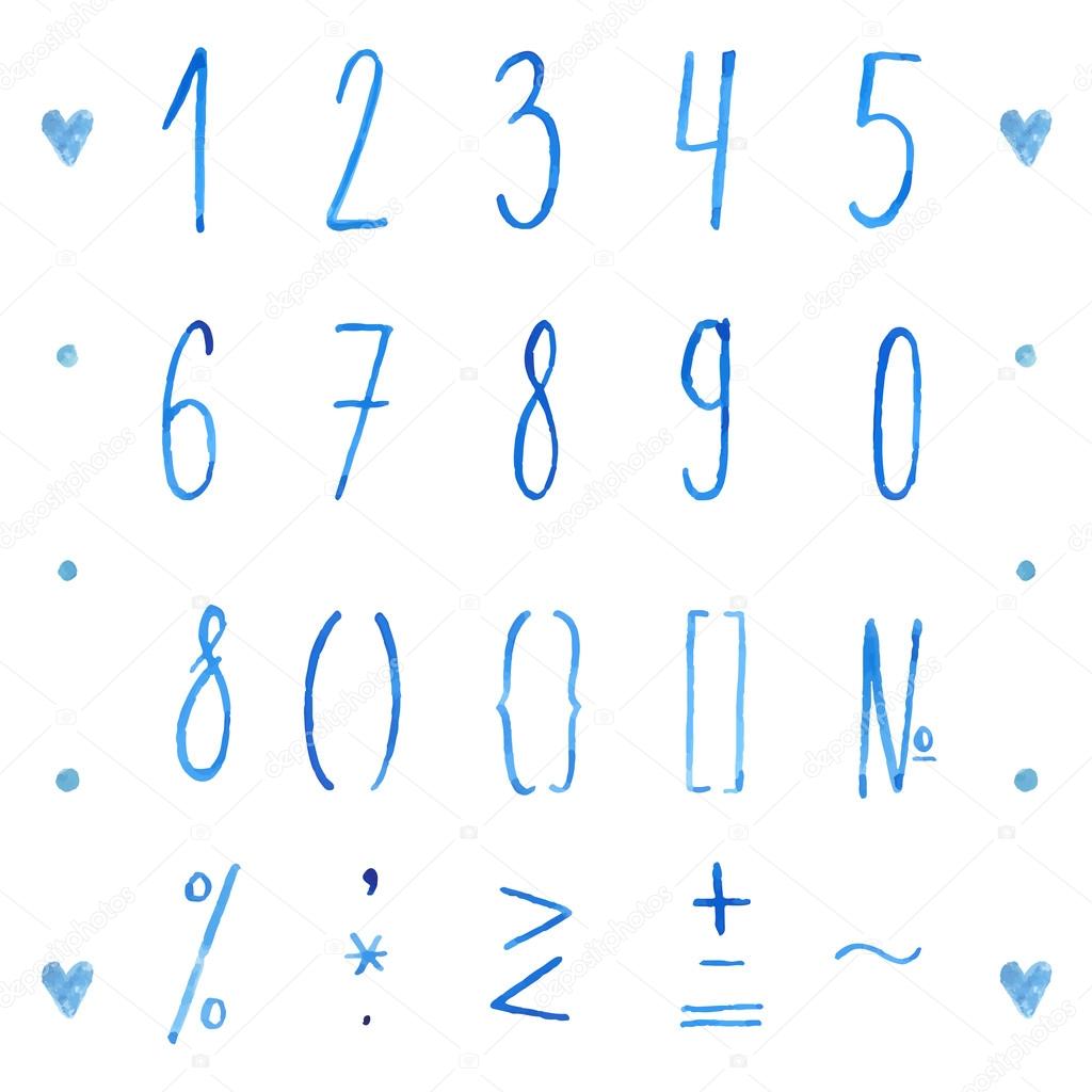 hand drawn watercolor numbers and mathematical symbols. Vector digits