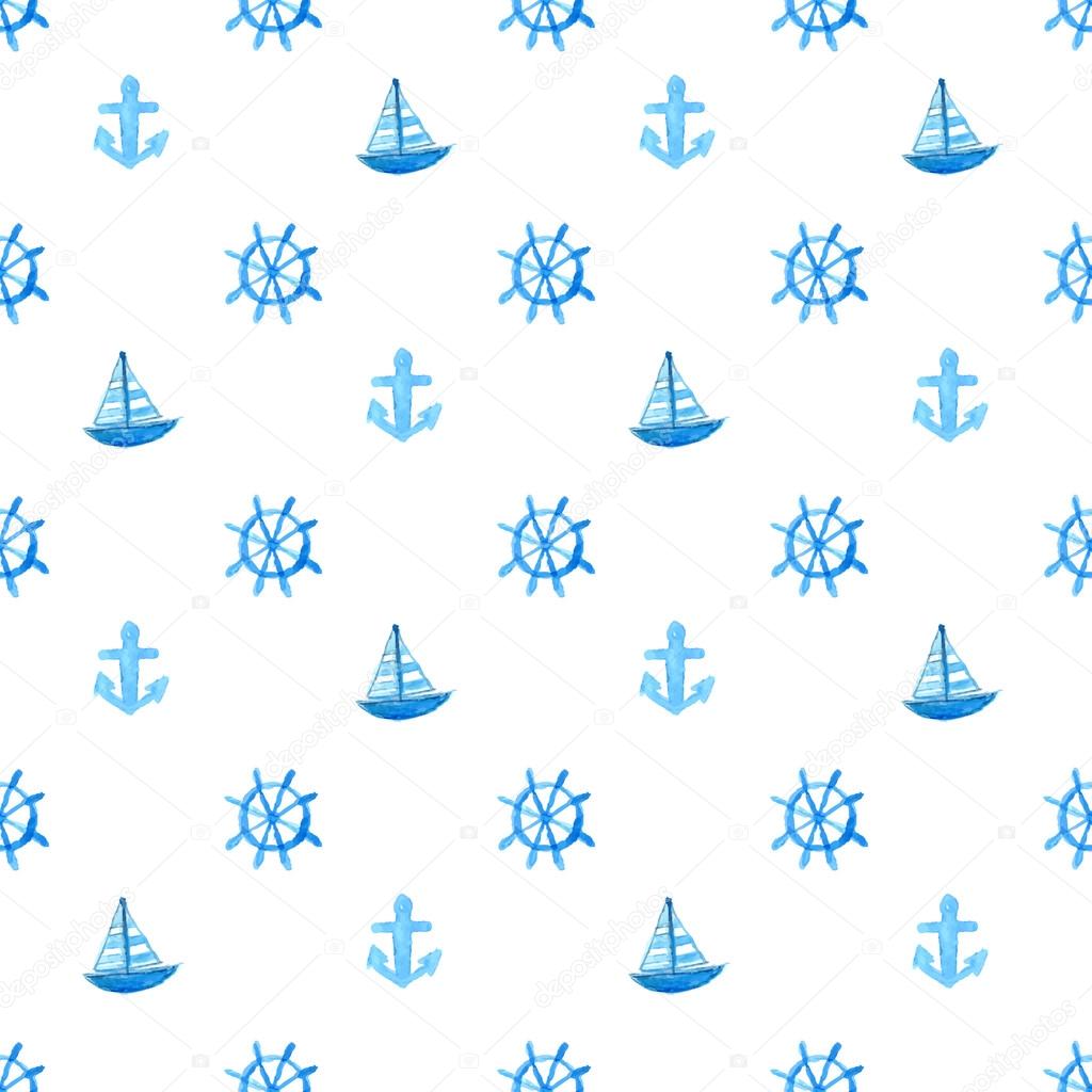 Seamless nautical pattern with ship, anchor and wheel. Blue vector repeating texture. Background for greeting cards, invitations, kids party decorations