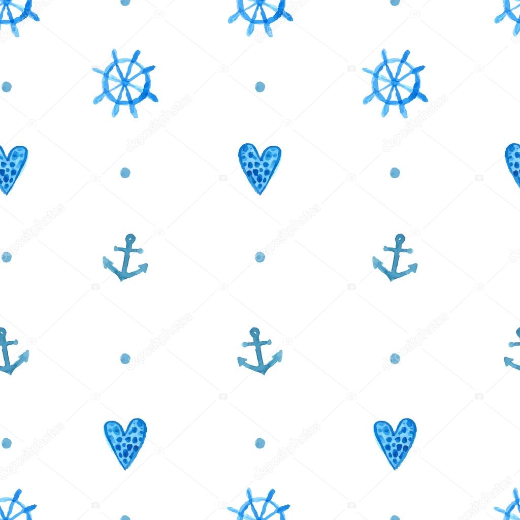 Simple nautical pattern with watercolor painted anchors, blue hearts and steering wheels. Blue vector seamless background.