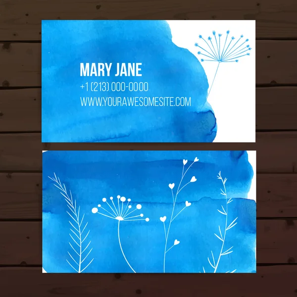 Creative business card template with blue watercolor paint background and white leaves and plants graphic. Vector layout. — Stock Vector
