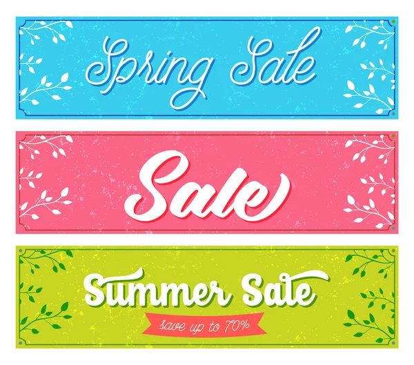 Conjunto de banners de venta. Estilo retro y vintage con colores de grunge textura, rosa, azul y verde. Diseños de vectores para el anuncio de la primavera y el verano. — Vector de stock