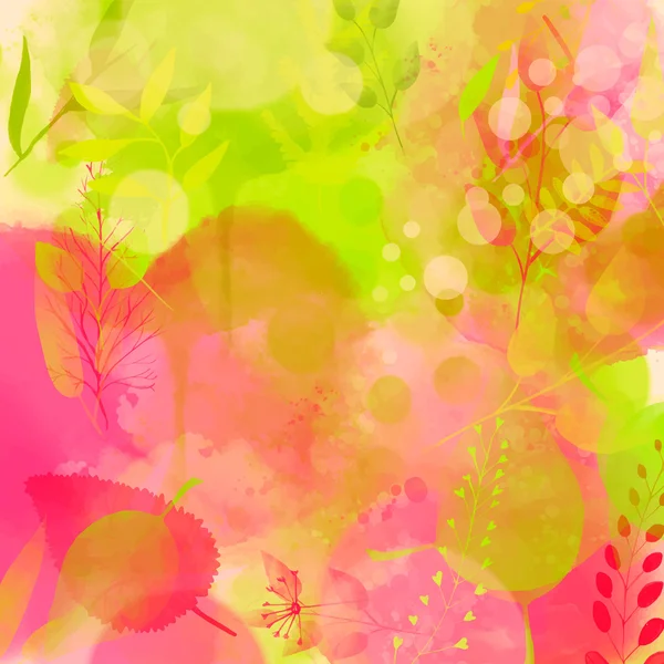 Natureza inspirou fundo-de-rosa e verde com folhas e textura de aquarela. Design de vetor para anúncio de primavera, banners, placas. — Vetor de Stock