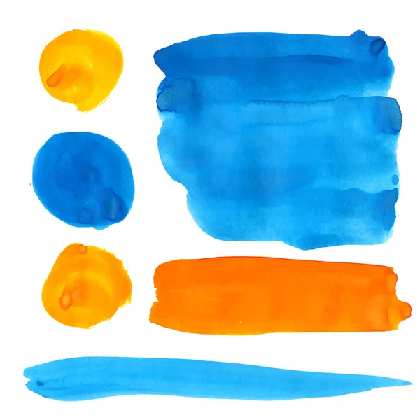 Manchas de tinta guache azul e laranja e traços. Elementos de design brilhante cor vibrante isolados no fundo branco. Cenário artístico de vetor para logo e banners. — Vetor de Stock