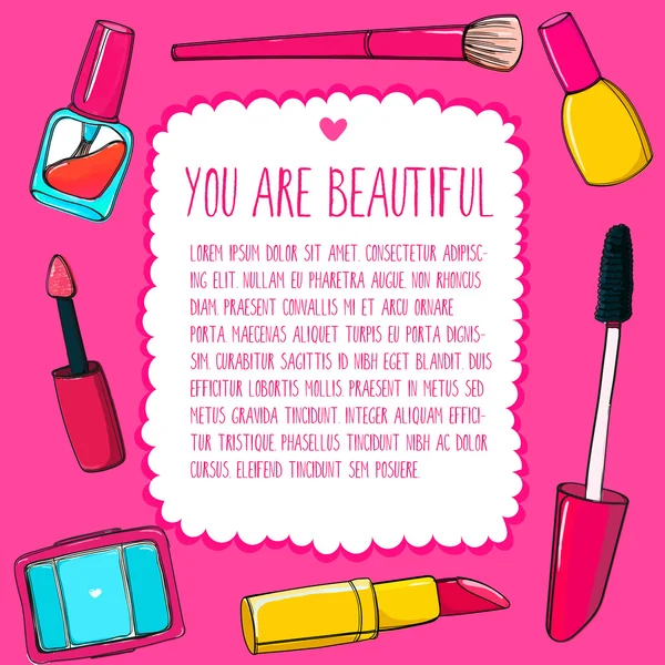 Roze make-up achtergrond met make-up gereedschappen, penselen, mascara, cosmetica, lippenstift en potloden. Kleurrijke vector frame — Stockvector